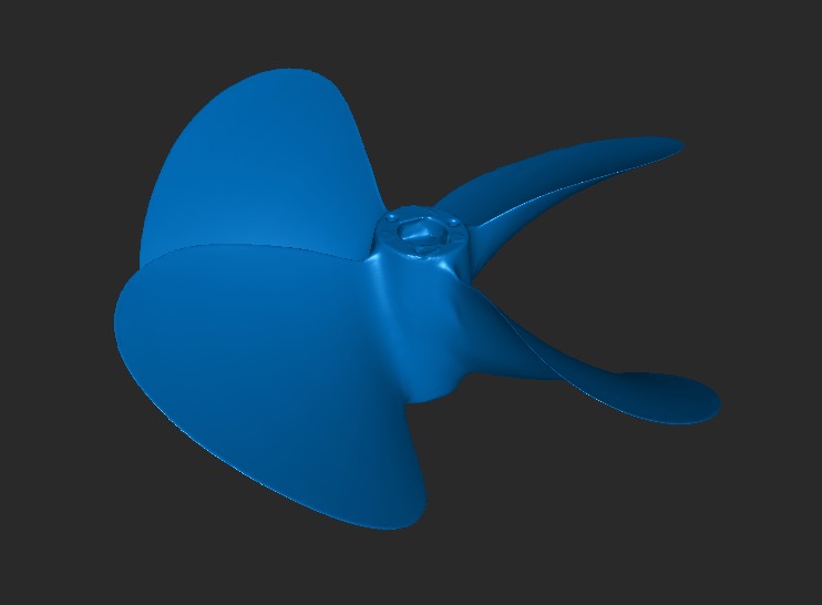 Modelo 3D de la hélice naval de bronce obtenido con el escaneo, visualizado en el software del escáner